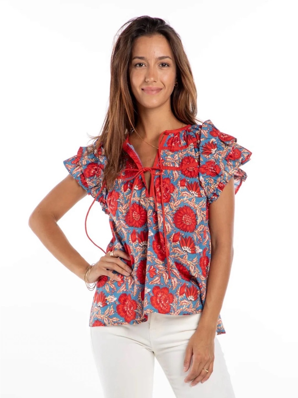 Bindu Floral Tie-Front Flutter Sleeve Top - Red & Blue